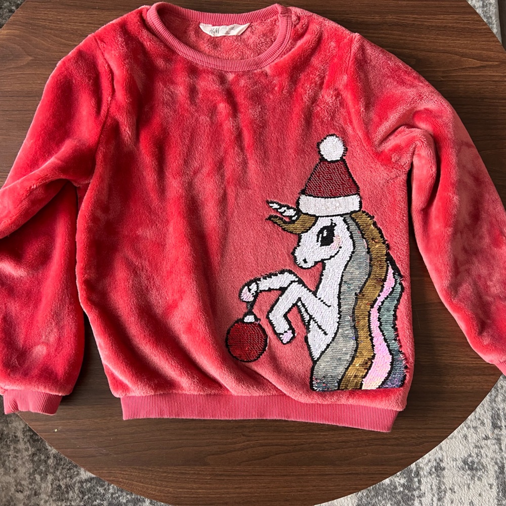 H&M Girls' Plush Flip-sequin Unicorn Christmas Sweater